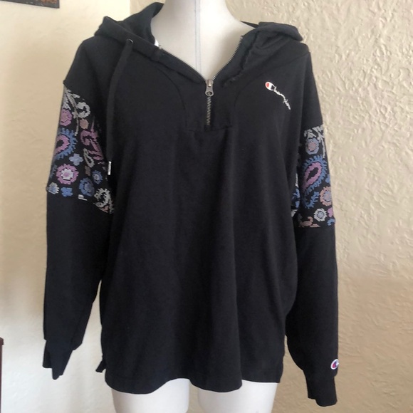Champion Campus French Terry Oversized 1/4 Zip Paisley Black Hoodie Sweatshirt S - Picture 2 of 10